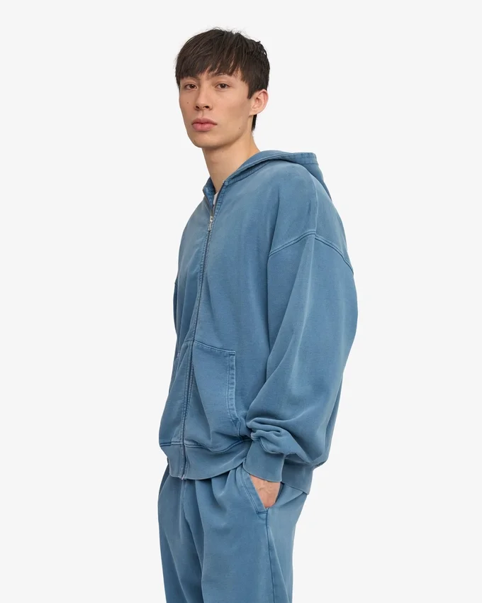 Sudadera con capucha orgánica de talle grande con cremallera - Índigo descolorido