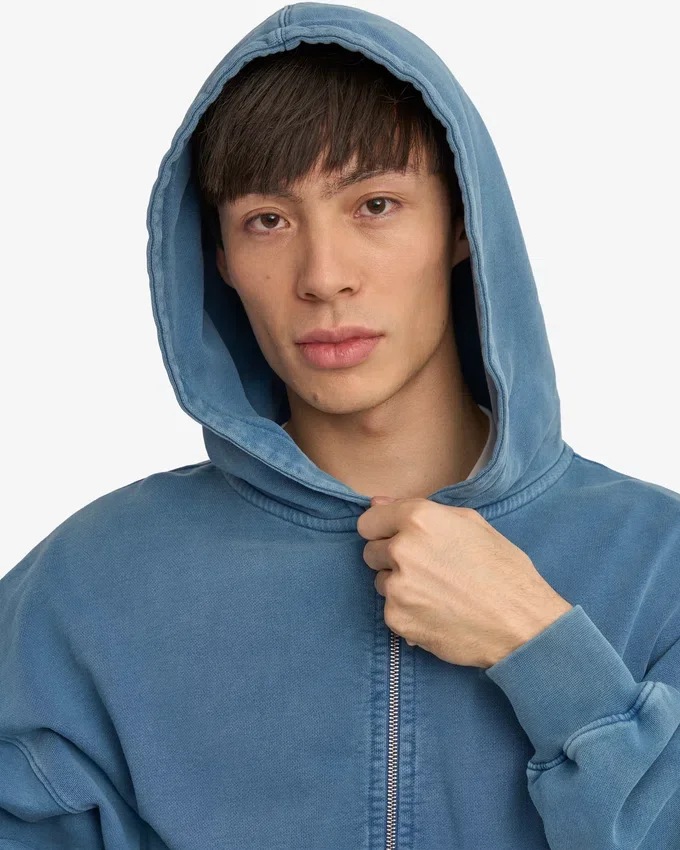Sudadera con capucha orgánica de talle grande con cremallera - Índigo descolorido