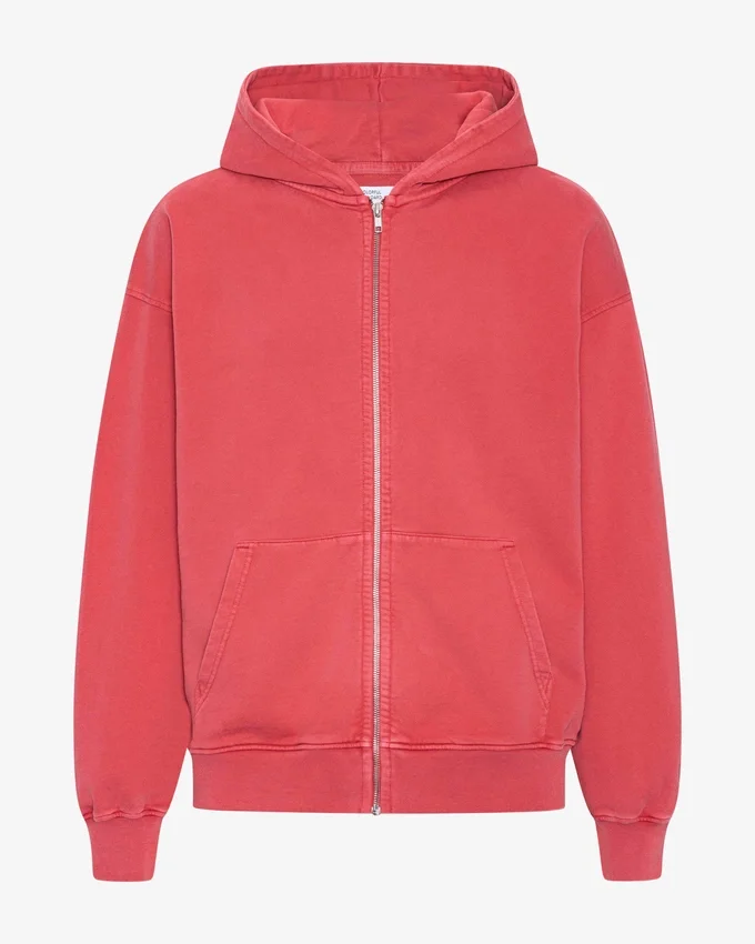 Sudadera con capucha orgánica oversize con cremallera - Rojo deslavado