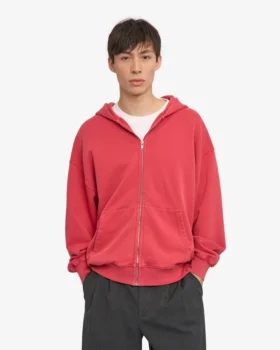 Sudadera con capucha orgánica oversize con cremallera – Rojo deslavado