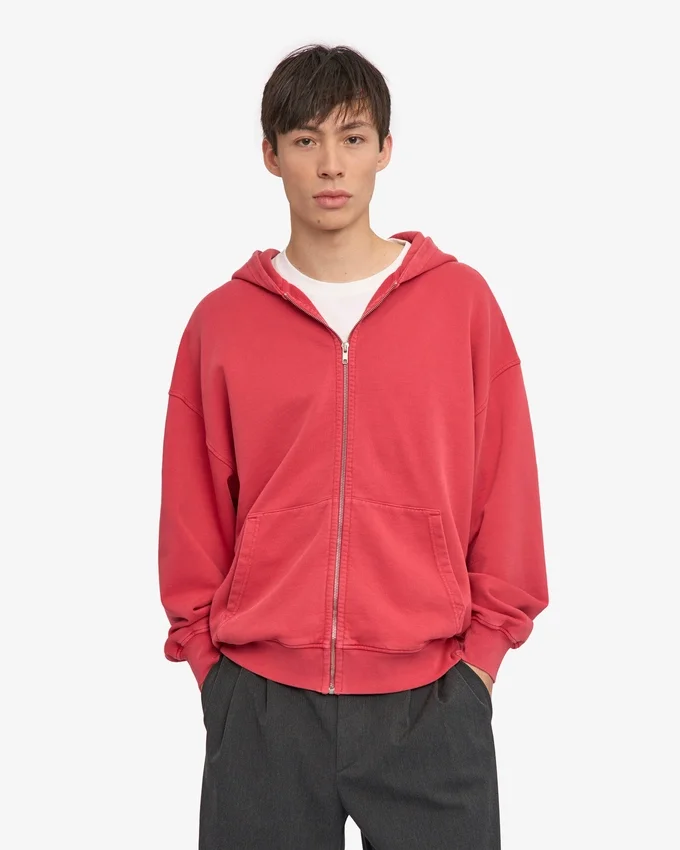 Sudadera con capucha orgánica oversize con cremallera - Rojo deslavado