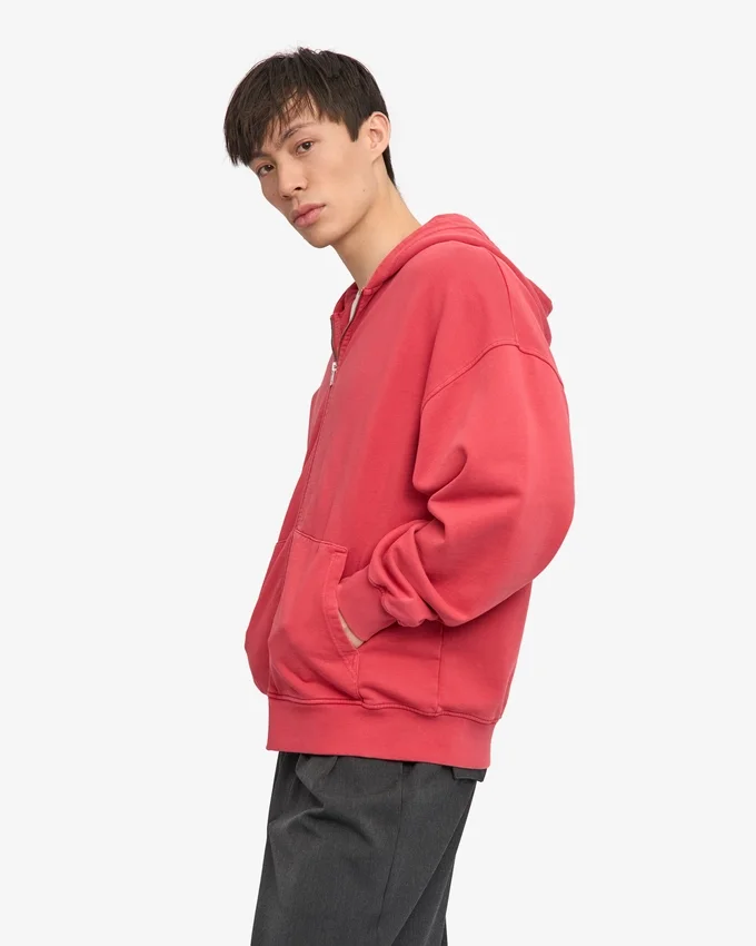Sudadera con capucha orgánica oversize con cremallera - Rojo deslavado