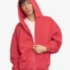 Sudadera con capucha orgánica oversize con cremallera - Rojo deslavado
