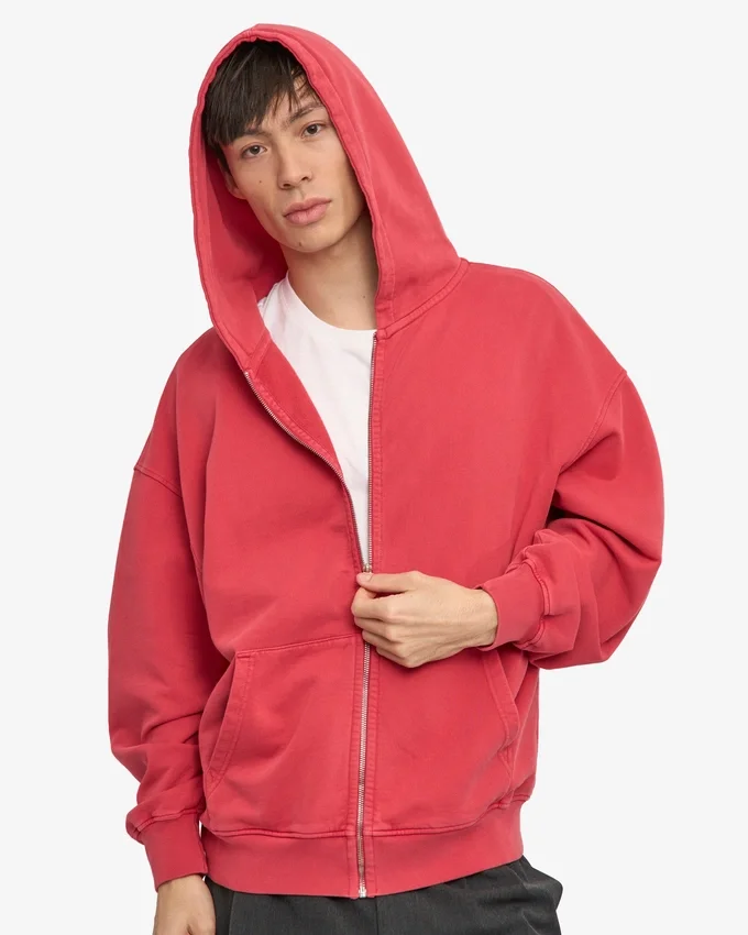 Sudadera con capucha orgánica oversize con cremallera - Rojo deslavado