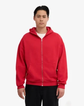 Sudadera con capucha orgánica oversize con cremallera – Rojo escarlata