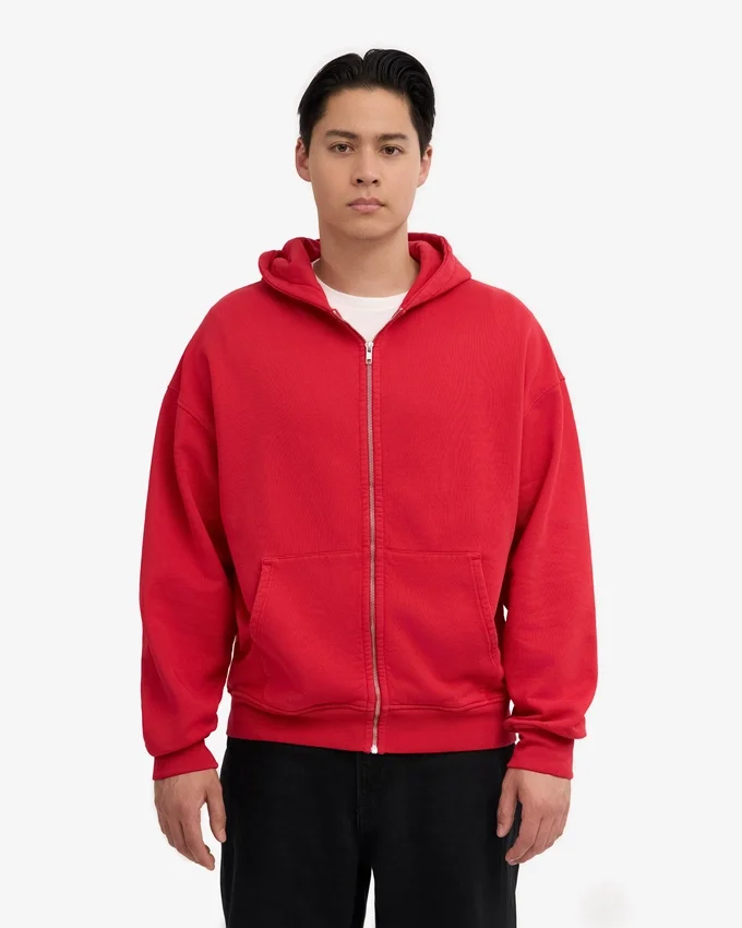 Sudadera con capucha orgánica oversize con cremallera - Rojo escarlata
