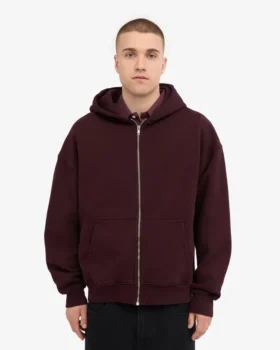 Sudadera con capucha orgánica oversize con cremallera – Rojo sangre de buey