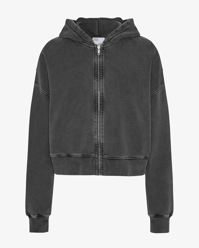Sudadera con capucha y cremallera corta orgánica - Negro descolorido