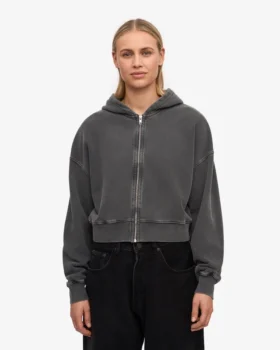 Sudadera con capucha y cremallera corta orgánica – Negro descolorido