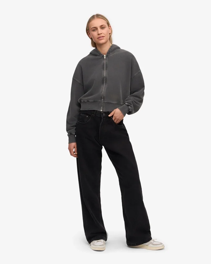 Sudadera con capucha y cremallera corta orgánica - Negro descolorido
