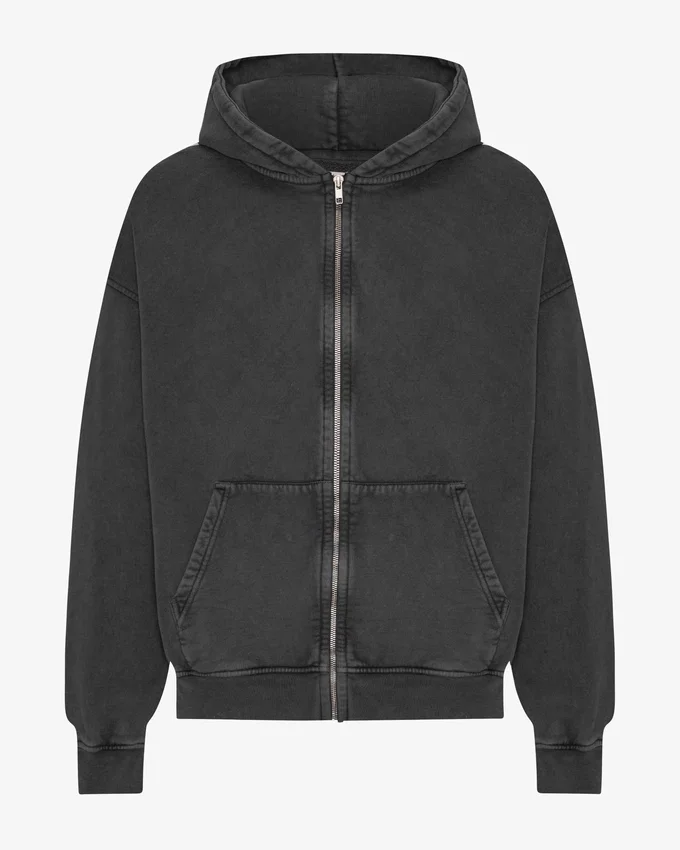 Sudadera con capucha y cremallera de gran tamaño orgánica - Negro descolorido