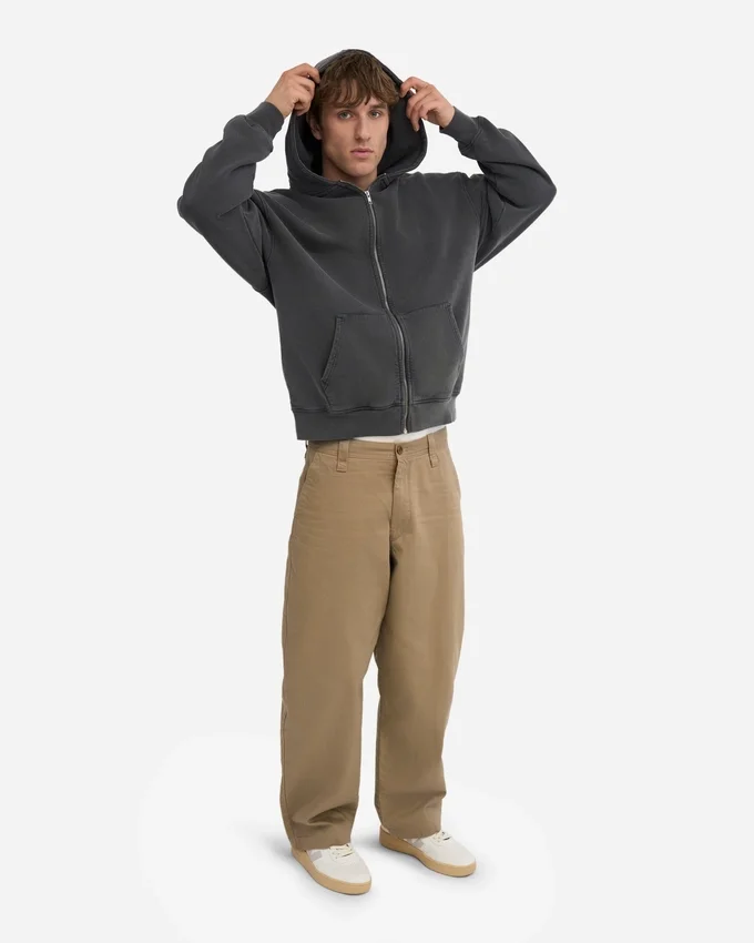 Sudadera con capucha y cremallera de gran tamaño orgánica - Negro descolorido