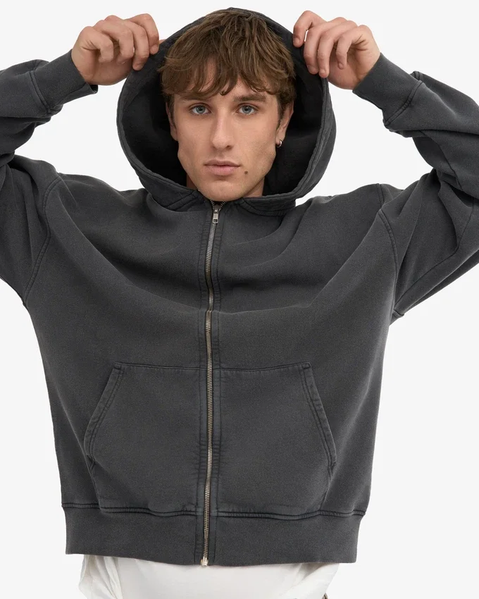 Sudadera con capucha y cremallera de gran tamaño orgánica - Negro descolorido