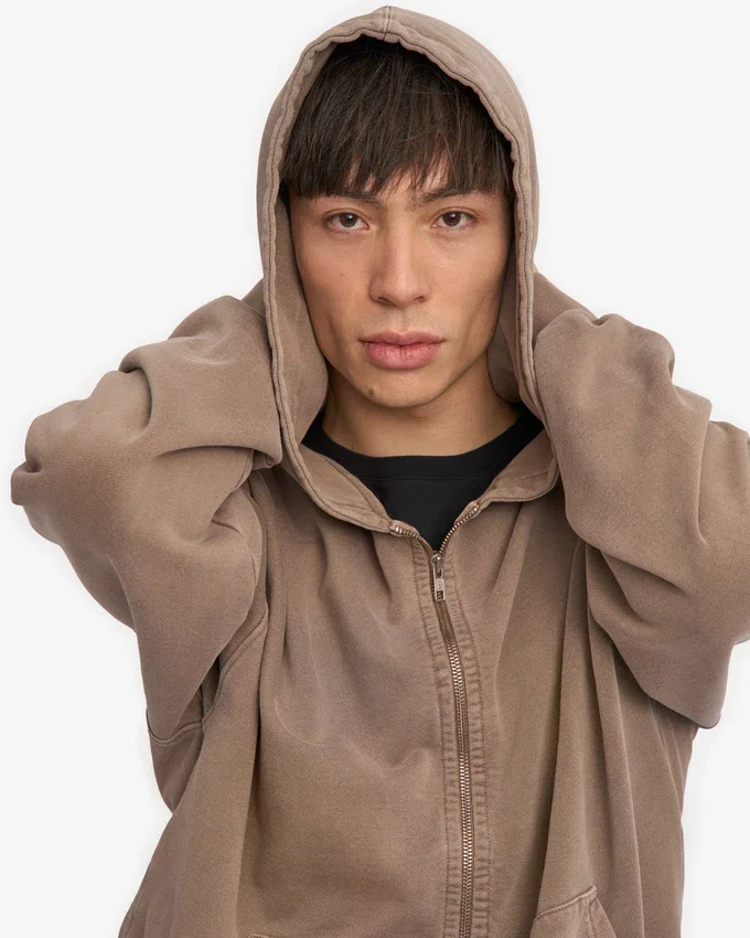 Sudadera con capucha y cremallera de talla grande orgánica - Caqui descolorido