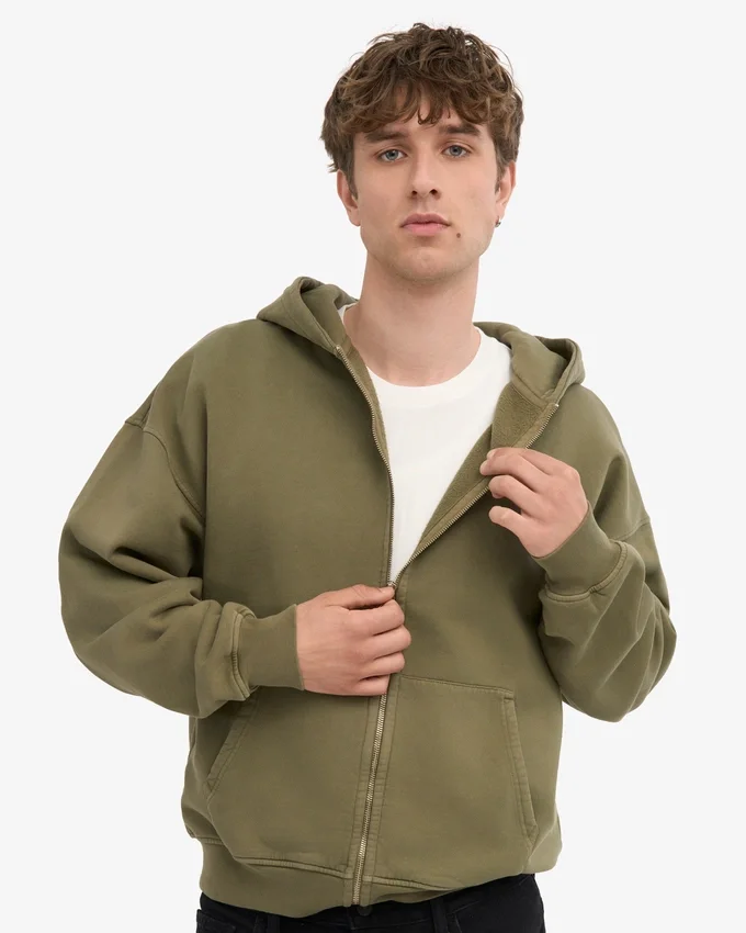 Sudadera con capucha y cremallera oversize orgánica - Verde oliva apagado