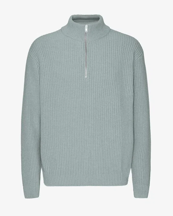 Sudadera con jerséu de media cremallera de lana merino - Azul acero