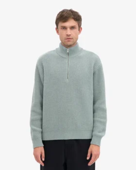 Sudadera con jerséu de media cremallera de lana merino – Azul acero