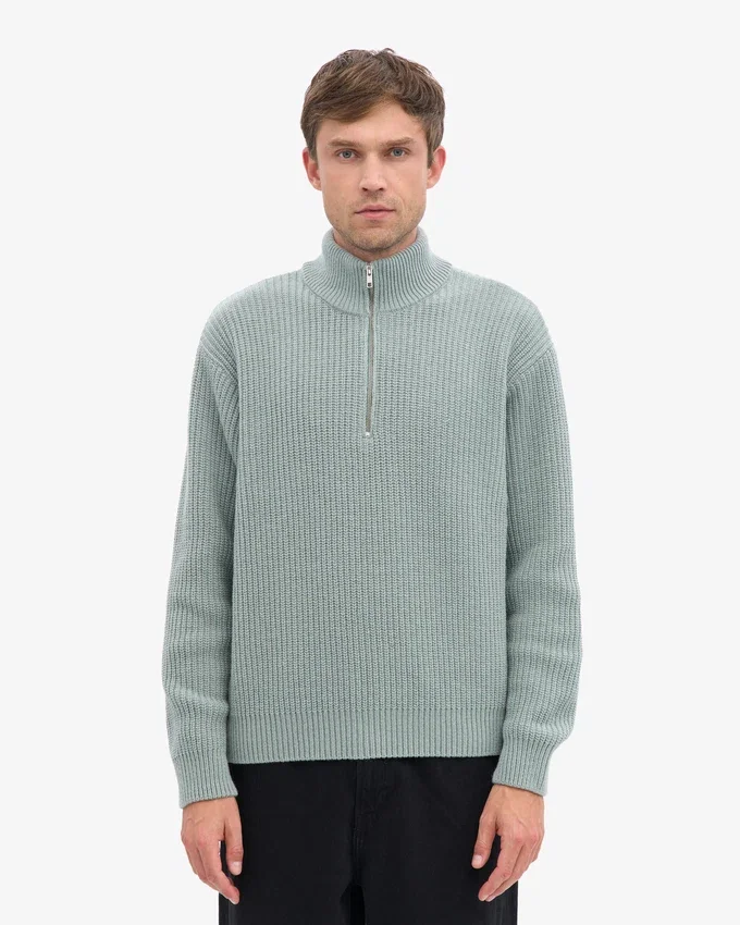 Sudadera con jerséu de media cremallera de lana merino - Azul acero