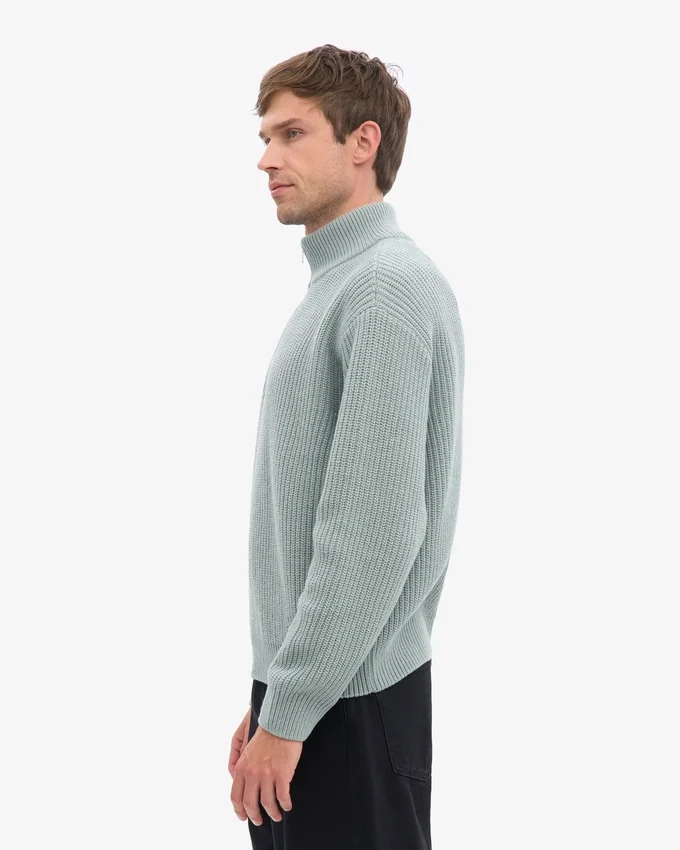 Sudadera con jerséu de media cremallera de lana merino - Azul acero
