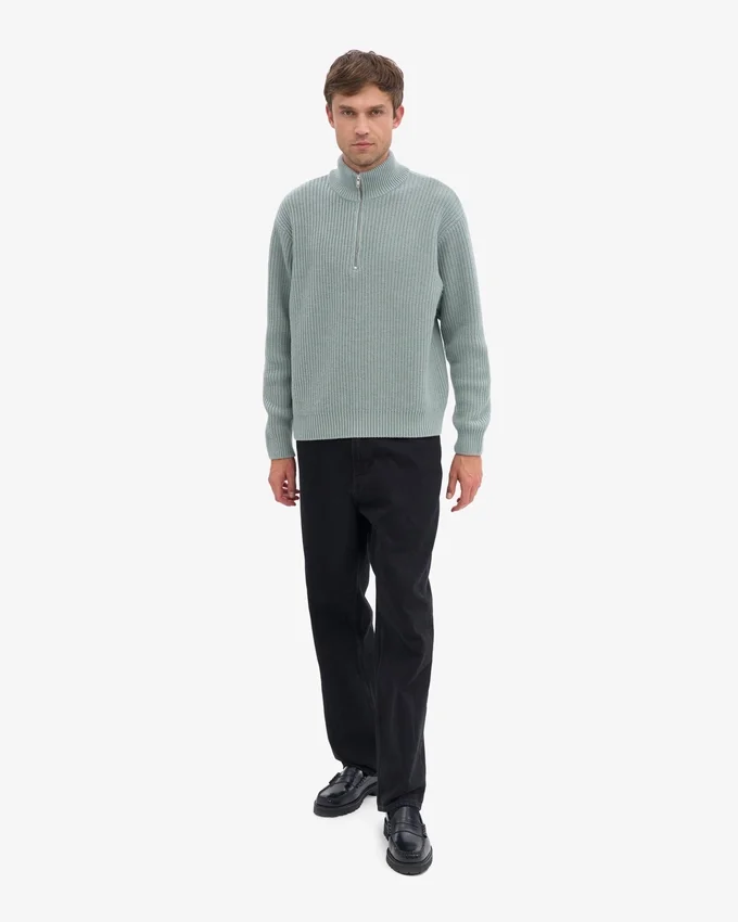 Sudadera con jerséu de media cremallera de lana merino - Azul acero