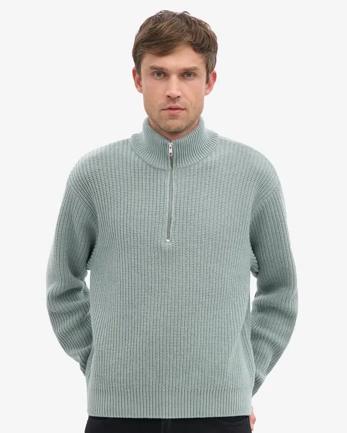 Sudadera con jerséu de media cremallera de lana merino - Azul acero