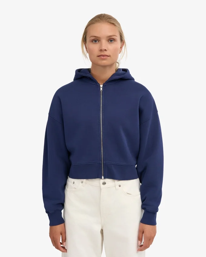 Sudadera corta con capucha y cremallera orgánica - Azul marino