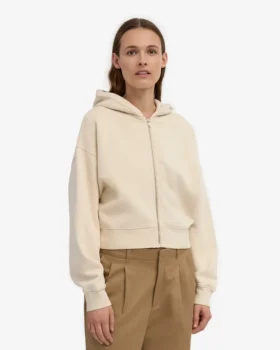 Sudadera corta con capucha y cremallera orgánica – Blanco marfil