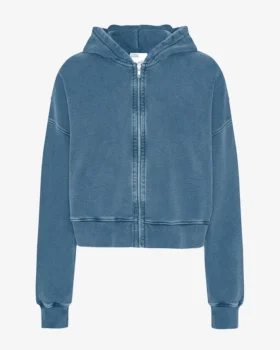 Sudadera corta con capucha y cremallera orgánica - Índigo descolorido