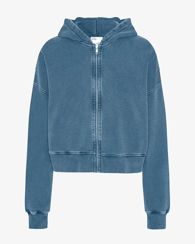 Sudadera corta con capucha y cremallera orgánica - Índigo descolorido
