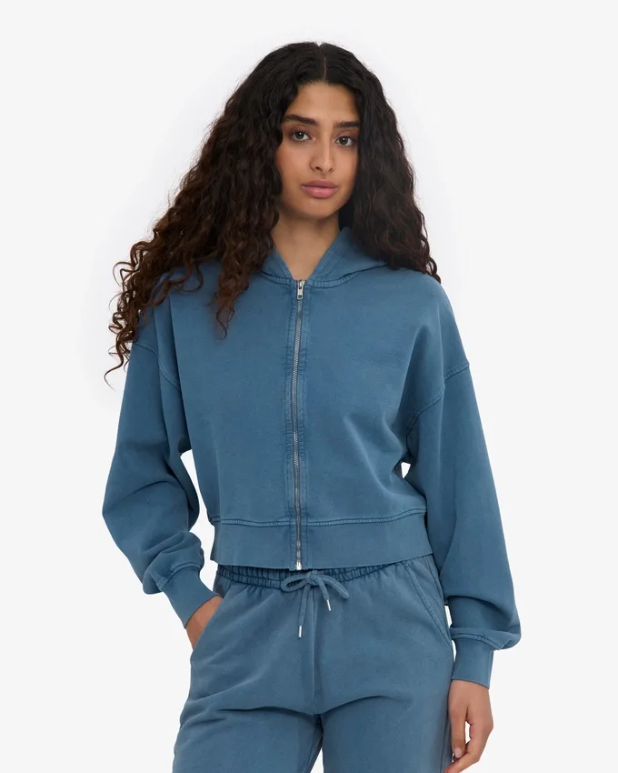 Sudadera corta con capucha y cremallera orgánica - Índigo descolorido