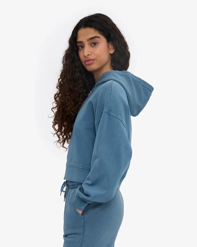 Sudadera corta con capucha y cremallera orgánica - Índigo descolorido