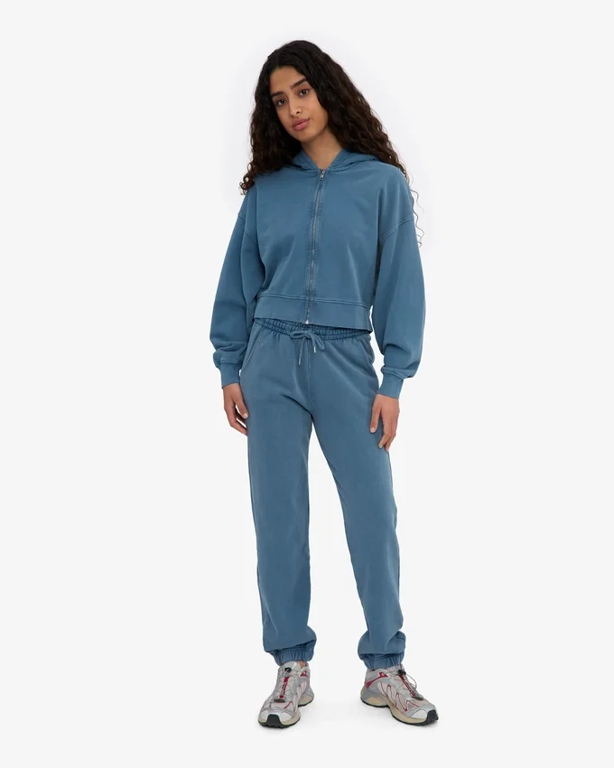 Sudadera corta con capucha y cremallera orgánica - Índigo descolorido