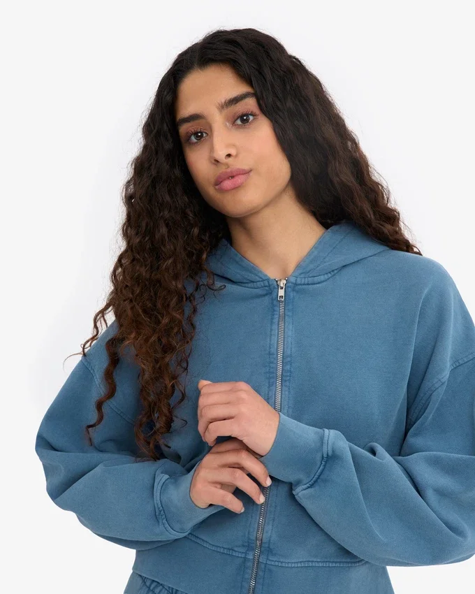 Sudadera corta con capucha y cremallera orgánica - Índigo descolorido