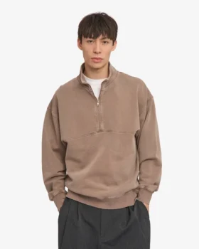 Sudadera orgánica con jerséu de media cremallera – Caqui descolorido