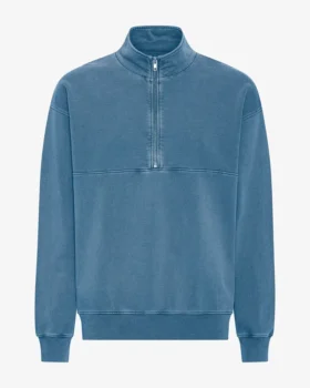 Sudadera orgánica con jerséu de media cremallera - Índigo descolorido
