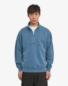 Sudadera orgánica con jerséu de media cremallera – Índigo descolorido
