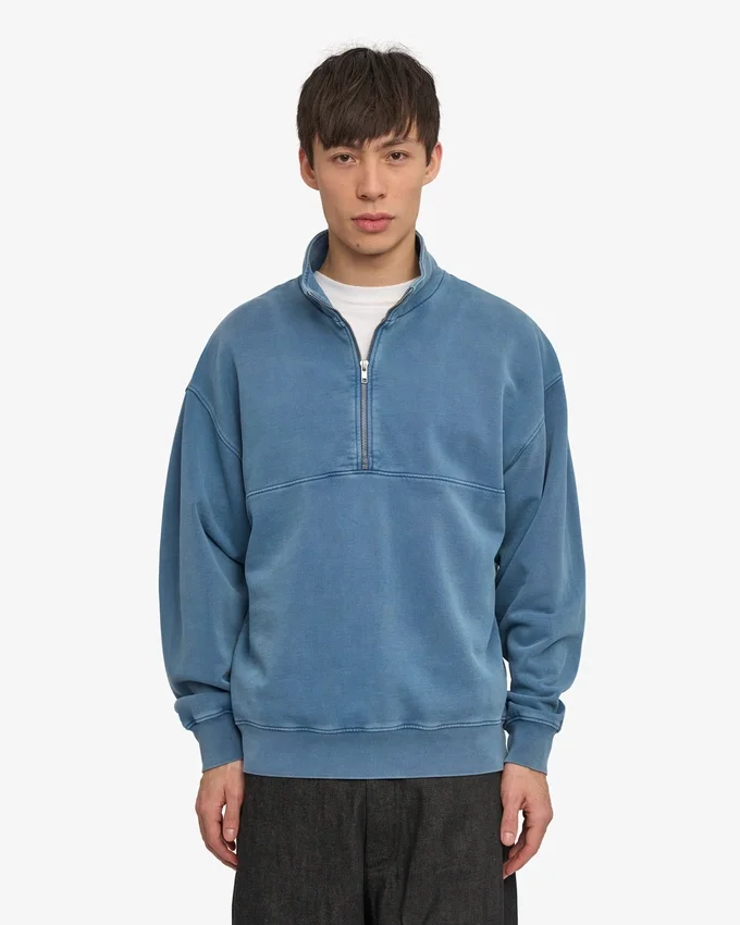Sudadera orgánica con jerséu de media cremallera - Índigo descolorido