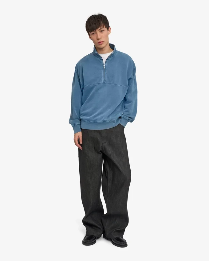 Sudadera orgánica con jerséu de media cremallera - Índigo descolorido
