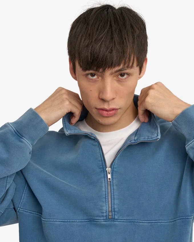 Sudadera orgánica con jerséu de media cremallera - Índigo descolorido