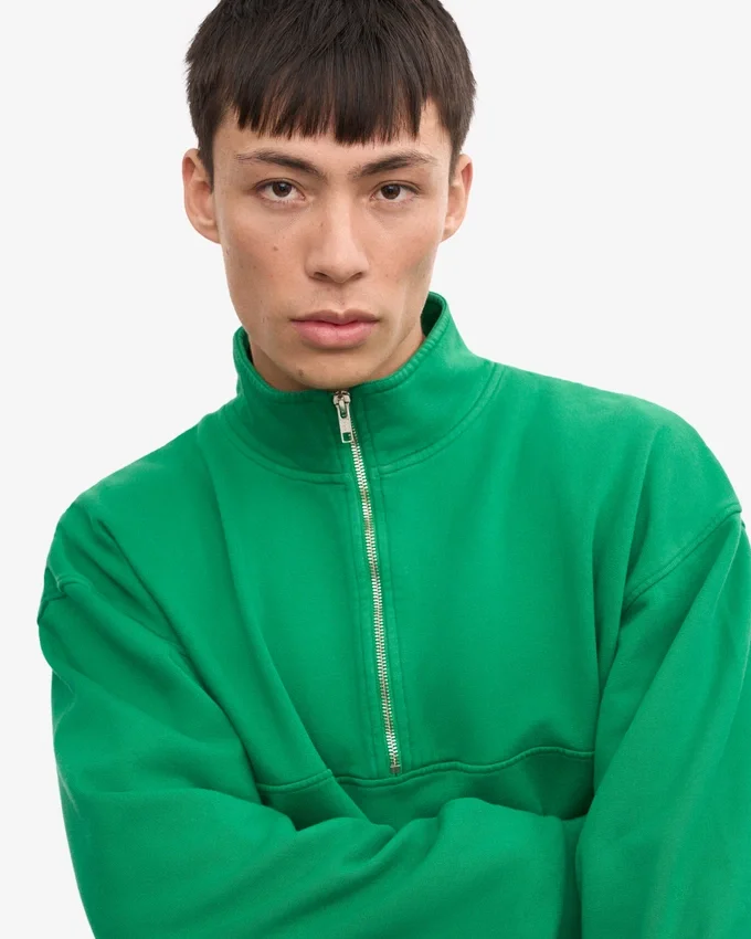 Sudadera orgánica con jerséu de media cremallera - Verde Kelly