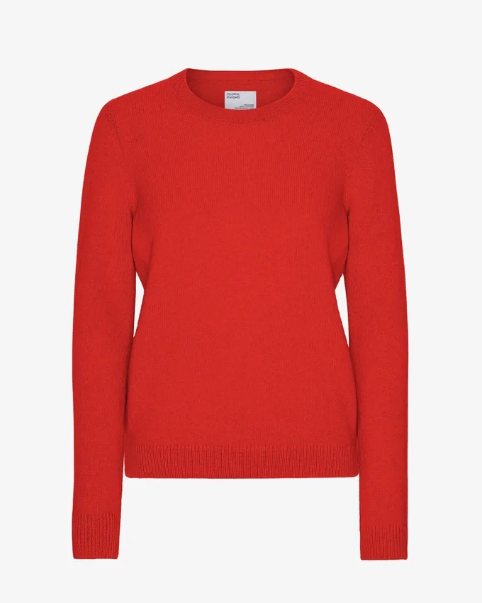 Suéter clásico de cuello redondo de lana merino para mujer - Rojo mandarina