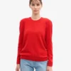 Suéter clásico de cuello redondo de lana merino para mujer - Rojo mandarina