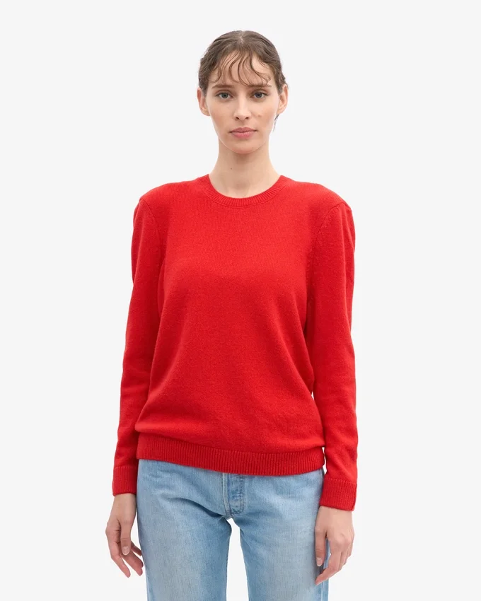 Suéter clásico de cuello redondo de lana merino para mujer - Rojo mandarina