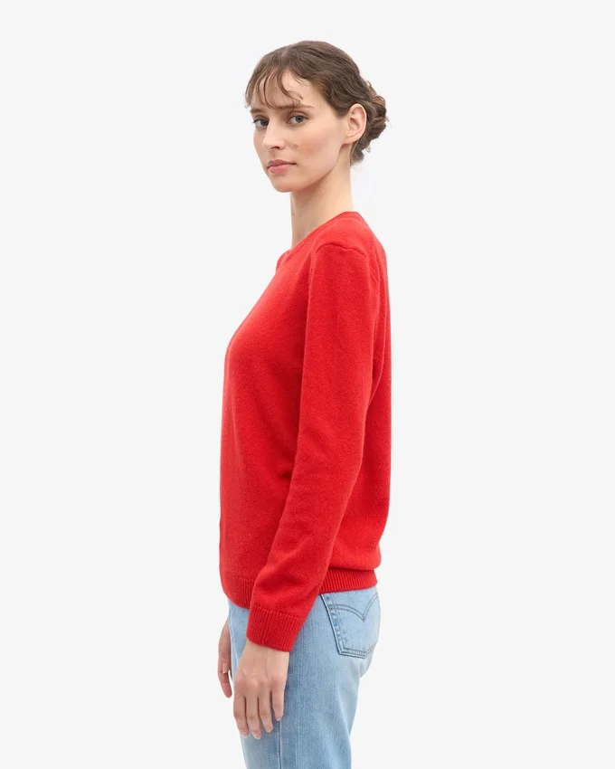 Suéter clásico de cuello redondo de lana merino para mujer - Rojo mandarina