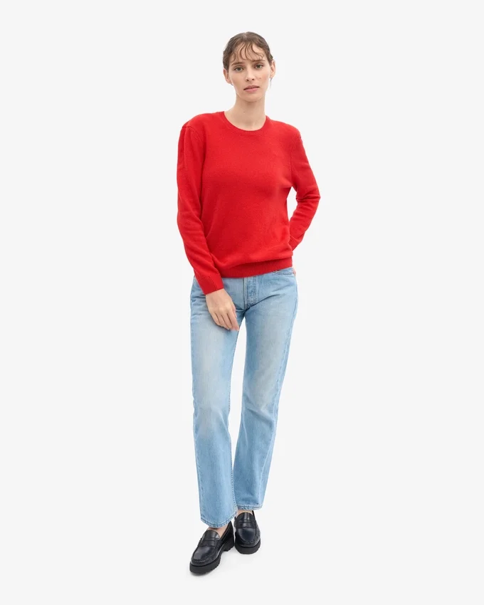 Suéter clásico de cuello redondo de lana merino para mujer - Rojo mandarina