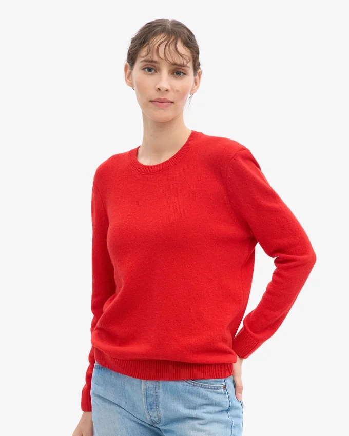 Suéter clásico de cuello redondo de lana merino para mujer - Rojo mandarina