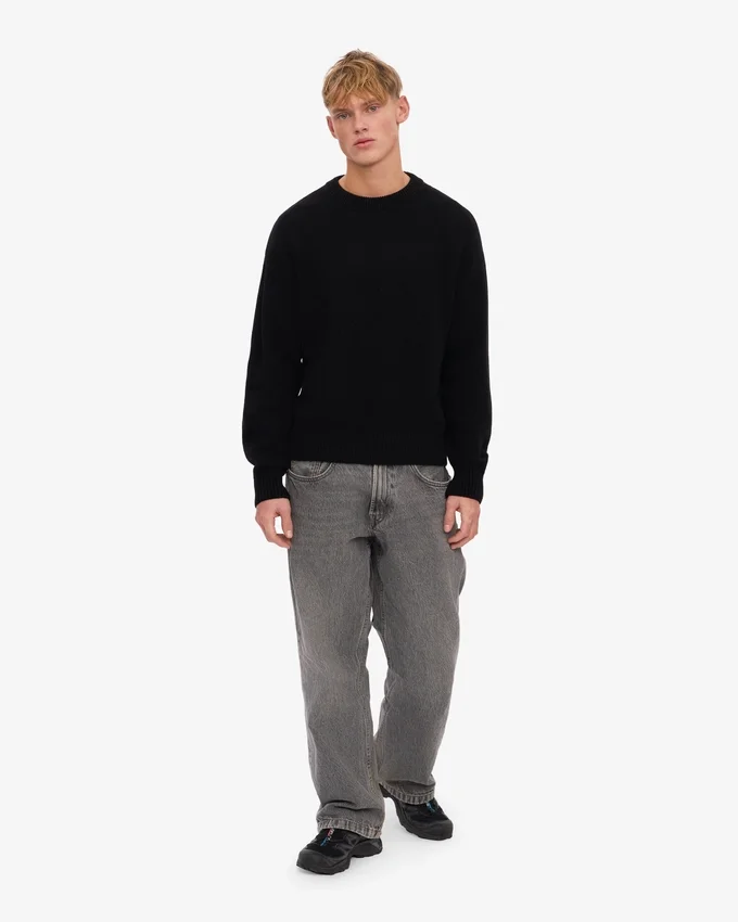 Suéter de cuello redondo de lana merino de talla grande - Negro intenso