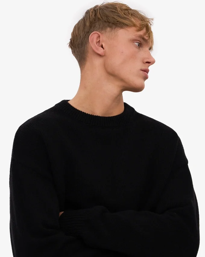 Suéter de cuello redondo de lana merino de talla grande - Negro intenso