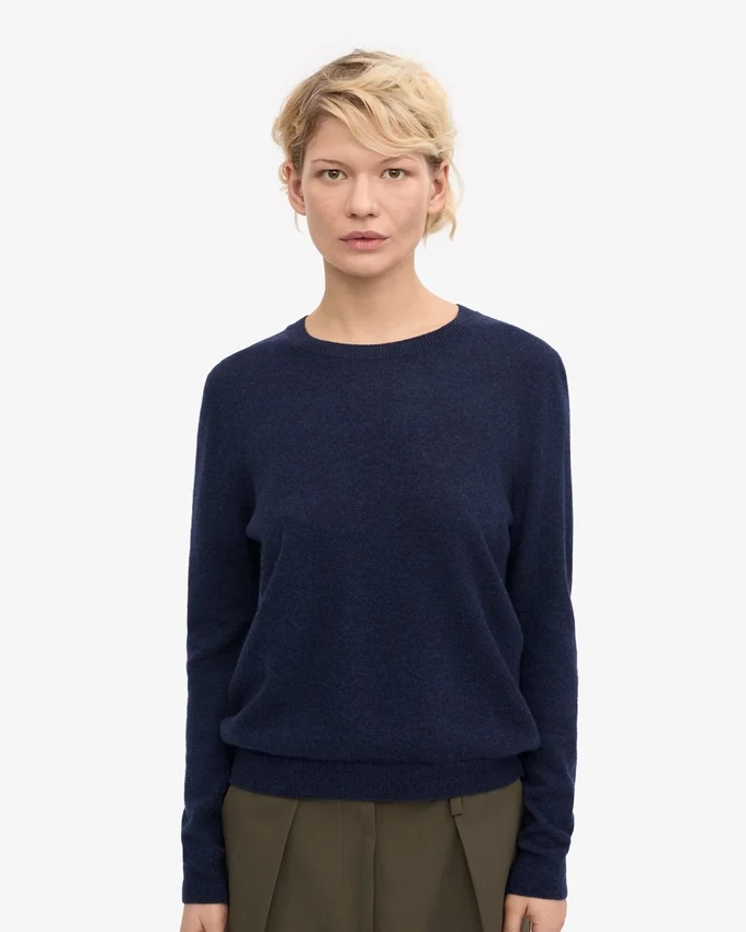 Suéter de cuello redondo de lana merino ligera para mujer - Azul marino