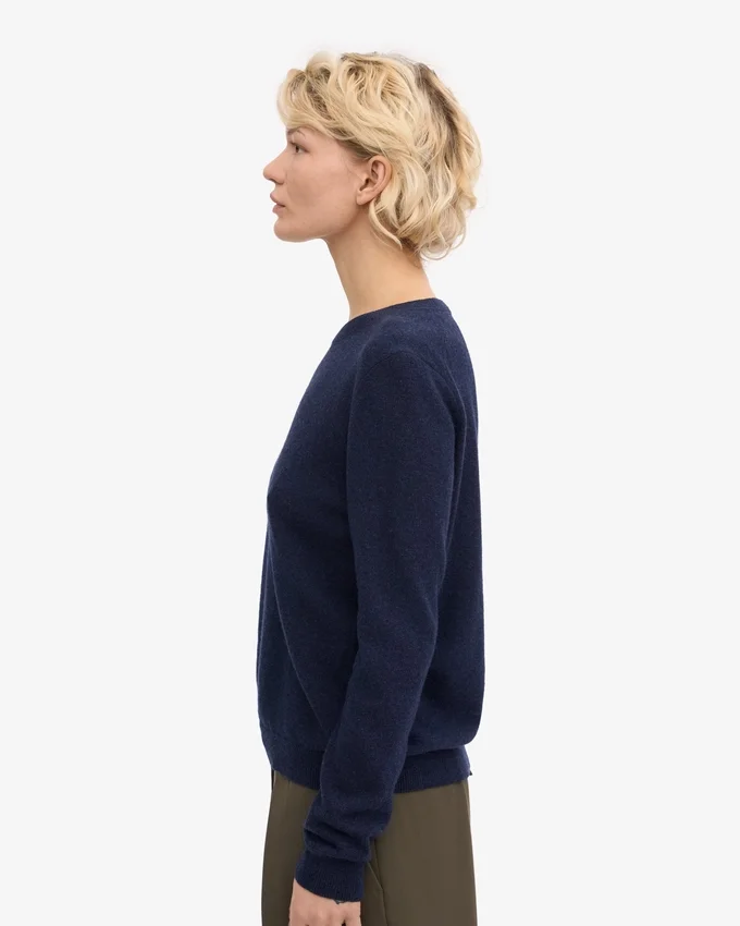 Suéter de cuello redondo de lana merino ligera para mujer - Azul marino